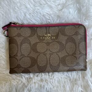 COACH Pink and Brown Signature Coated Canvas Pouch